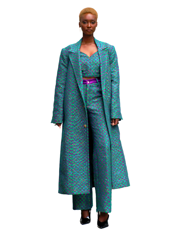 The Ella II purple and green long and breasted Coat Shawl Collar Notch Collar Lapel Collar