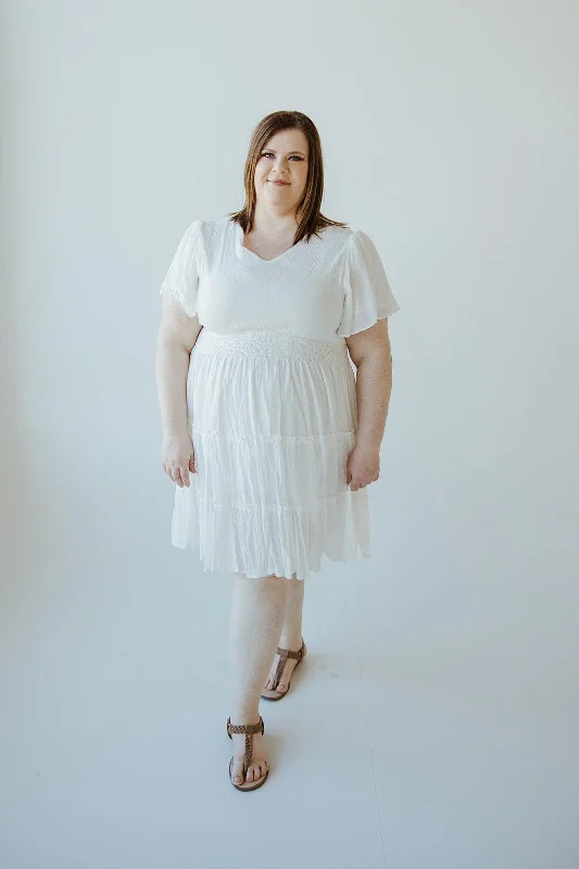 MIDI-LENGTH TIERED FLUTTER SLEEVE DRESS IN COTTON