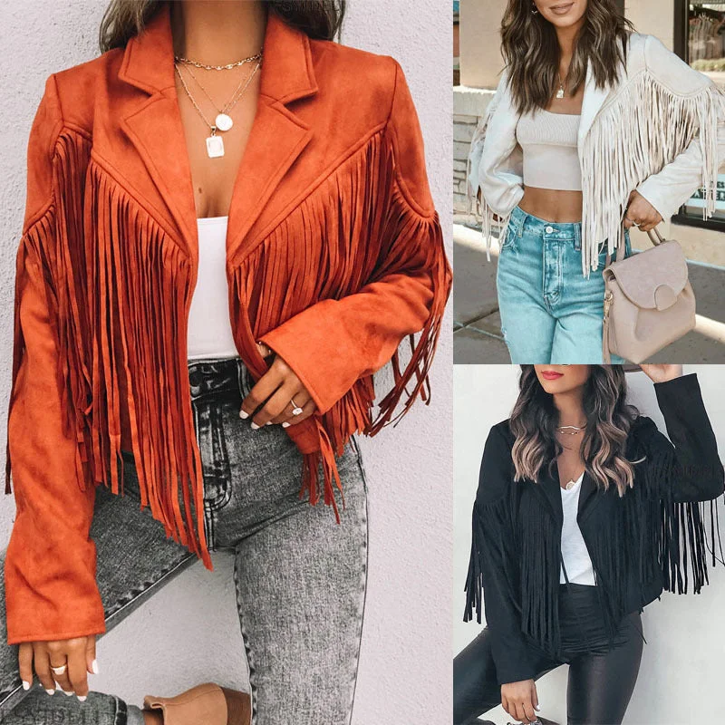 Deerskin Velvet Lapel Tassel Short Coat for Women Parka Anorak Hoodie