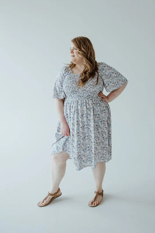 FLUTTER SLEEVE SMOCKED BODICE KNEE LENGTH DRESS IN COTTON CANDY