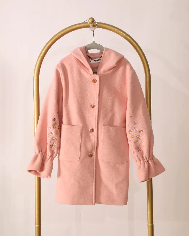 Girls Embroidered Sleeve Hooded Button-Up Coat - Pink Collared Crew Neck Turtle Neck Girls Embroidered Sleeve Hooded Button-Up Coat - Pink Collared Crew Neck Turtle Neck
