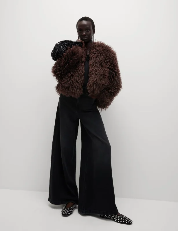 Faux Fur Collarless Short Coat Nylon Polyester Spandex