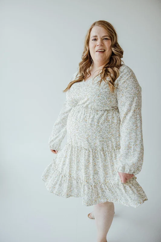 LONG-SLEEVED TIERED FLORAL DRESS IN GREEN LILY