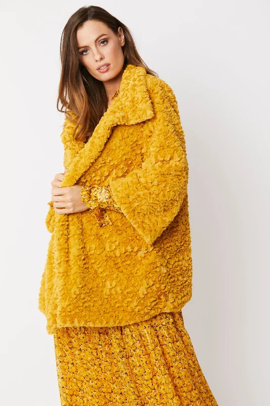 Mustard Luxurious Faux Fur Coat Trench Wool Cashmere