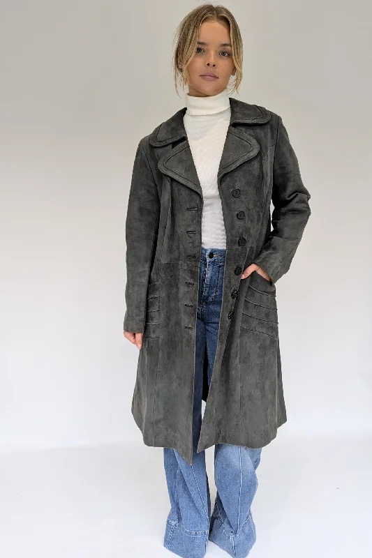 1970s Grey Suede Long Coat Parka Down Jacket Wool Coat