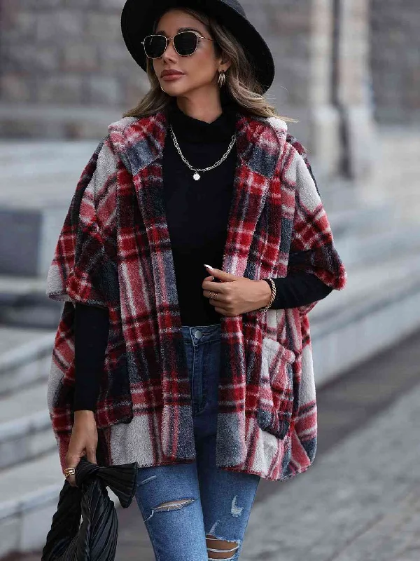 Petra Plaid Hooded Coat with Pockets Vent Hem Cuff