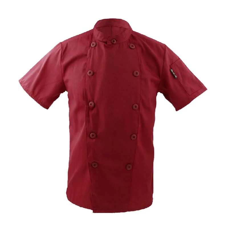 Men Women Mandarin Collar Short Sleeve Chef Coat Uniform Tops Red L Collared Crew Neck Turtle Neck