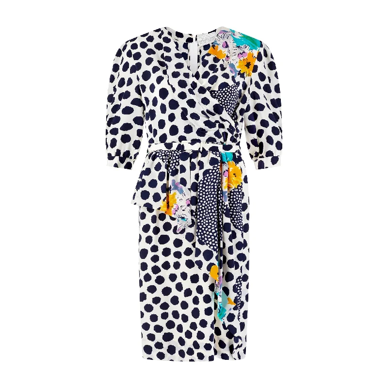 1980s Navy and White Polka Dot and Floral Dress