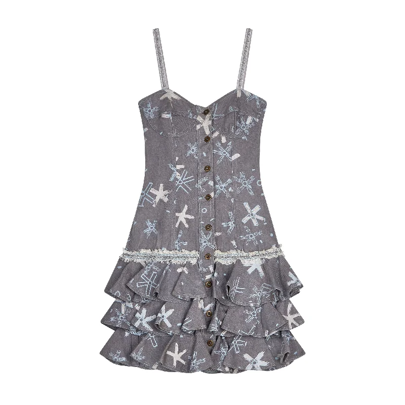 1987 Zandra Rhodes Grey Denim Ra Ra Dress