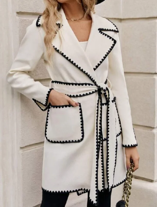 Clasi Contrast Binding Dual Pocket Belted Long coat L B-143696 Sequined Lace Ribbed