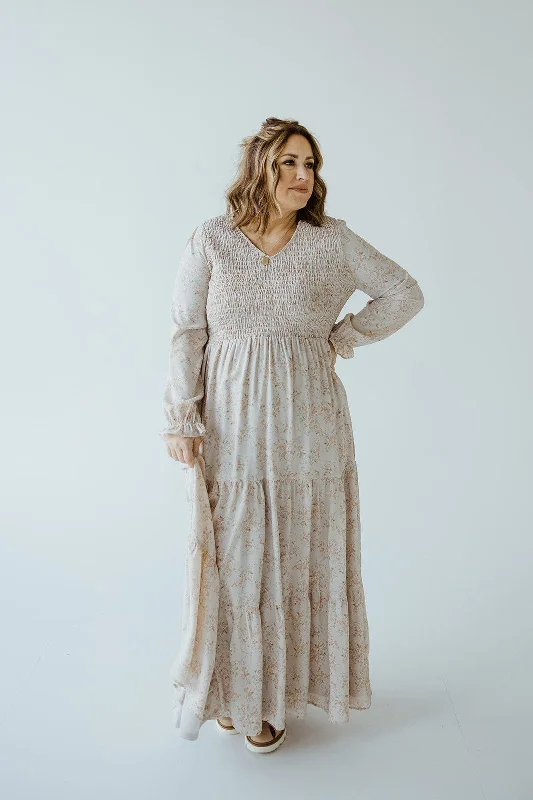 BOHO FLOOR LENGTH FLORAL DRESS IN CHANTERELLE