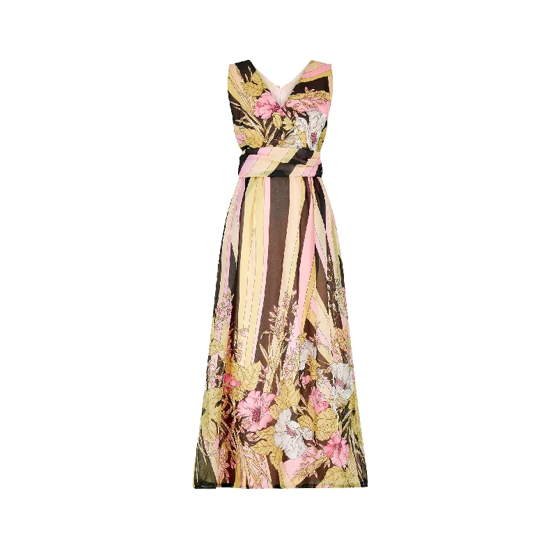 1970s Frederick Howard Georgette Floral and Chevron Print Dress