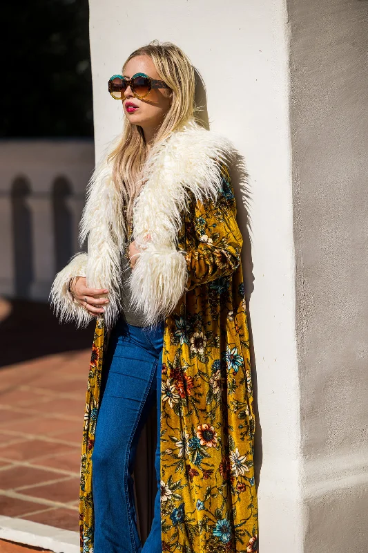 Penny Mustard Velvet Coat Faux Fur XL Pleated Ruffled tiered