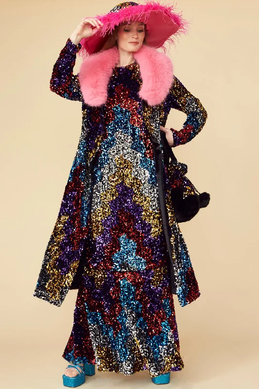 Multi Colored Bamboo Sequin Trench Coat Print Jacquard Embroidered