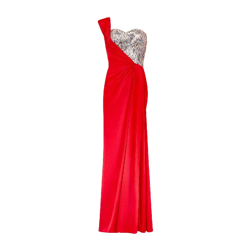 2019 Runway Rami Kadi Haute Couture Red Silk and Crystal Bodice Dress