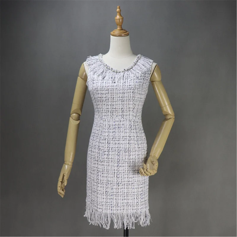 Womens Designer Inspired Custom Made Pearls Decoration Tassel Fringe Tweed Dress