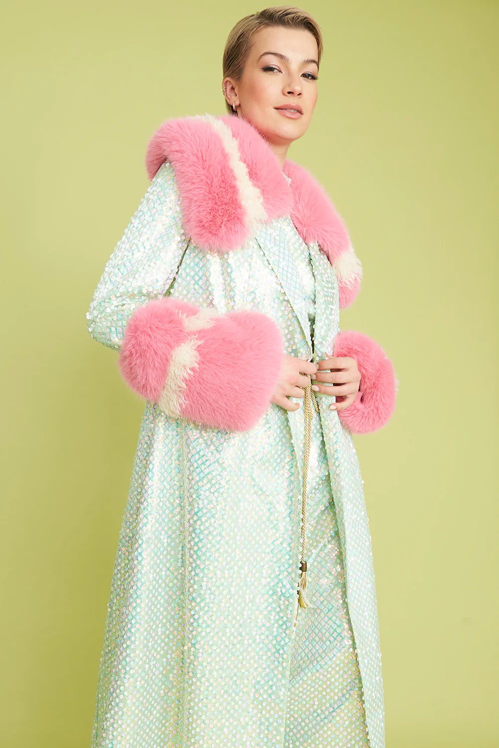 Bamboo Blend Sequin Maxi Trench Coat Knit Woven Fleece