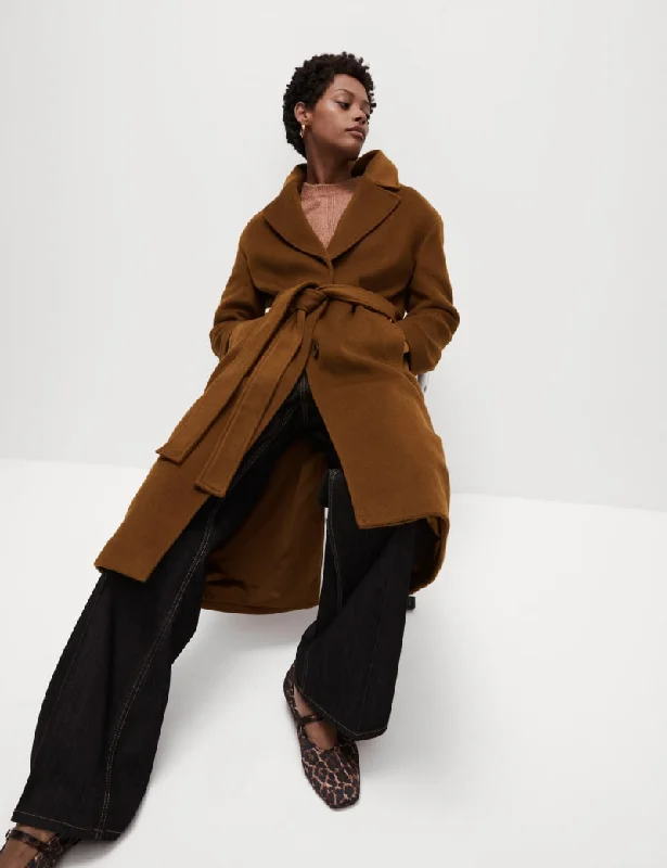 Wool Blend Belted Single Breasted Longline Wrap Coat Fleece Down Feather