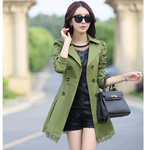 fashion female spring slim trench coat / women's lace lap style solid colour double breasted long coat / Slim windbreaker Tie-Waist Belted Drawstring