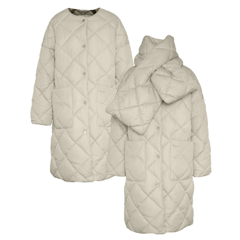 Barbour Brigitte Ladies Puffer Coat & Scarf - French Oak/Sky Dress Tartan Stand-Up Roll-Neck Turtle