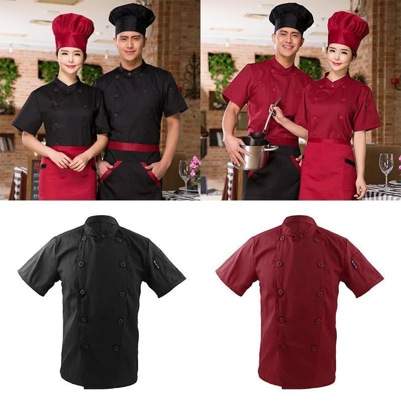 Men Women Mandarin Collar Short Sleeve Chef Coat Uniform Tops Red M Hooded Caped Scarf