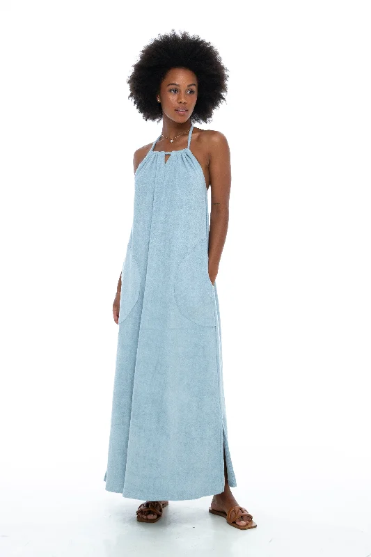 Terry Cloth Long Halter Dress Sky Blue - Phie Collective