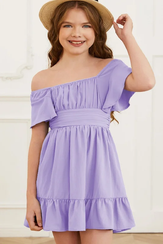 Girls Ruffle Hem Tie-Back Flutter Sleeve Dress