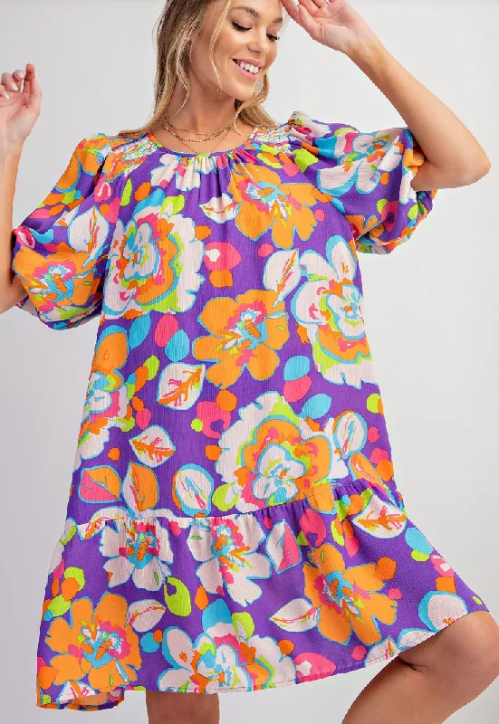 PURPLE ORANGE TROPICAL PRINT BLINK RUFFLE BOTTOM DRESS