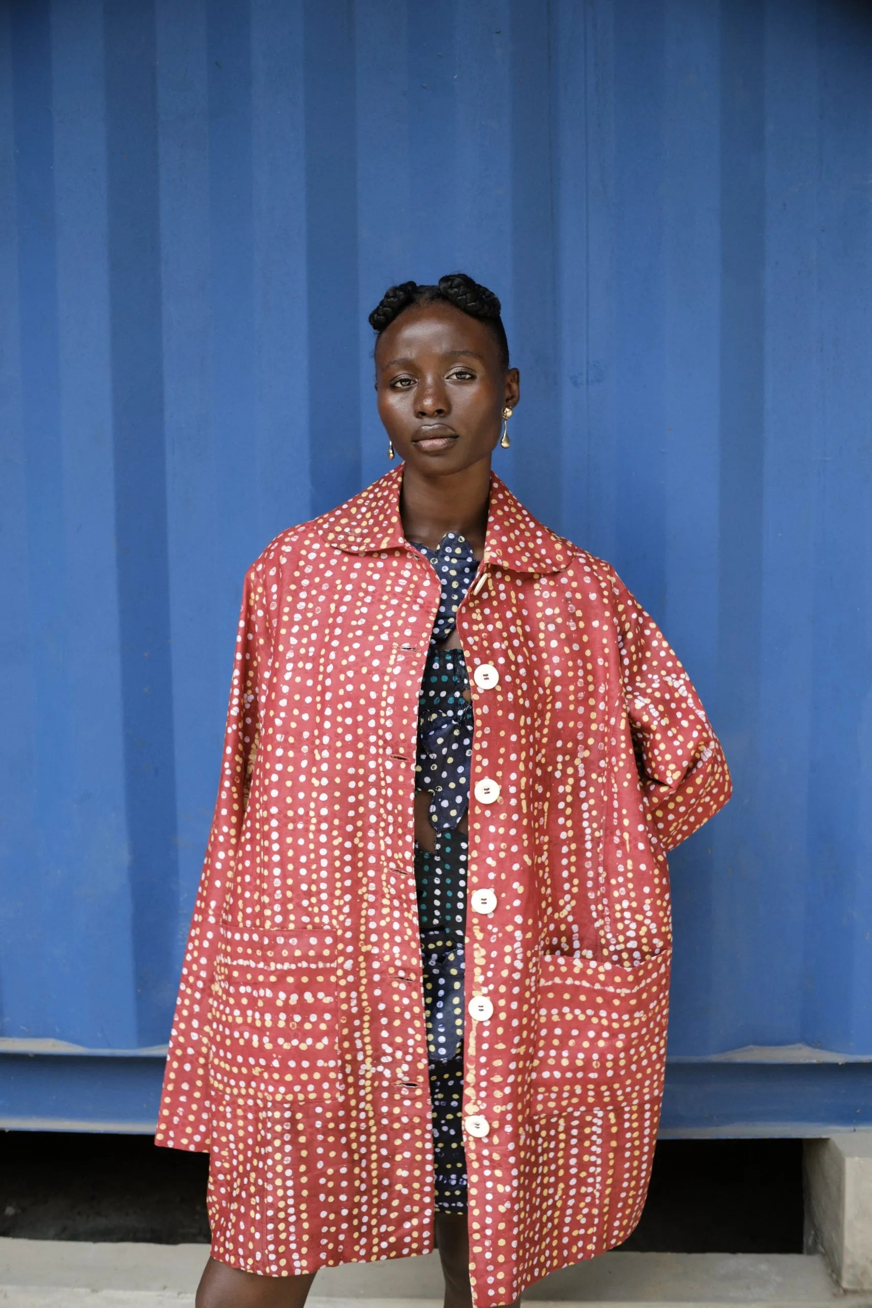Abiola Olusola Hand-printed oversized button-down Lola Coat Crew Neck V-Neck Boat Neck