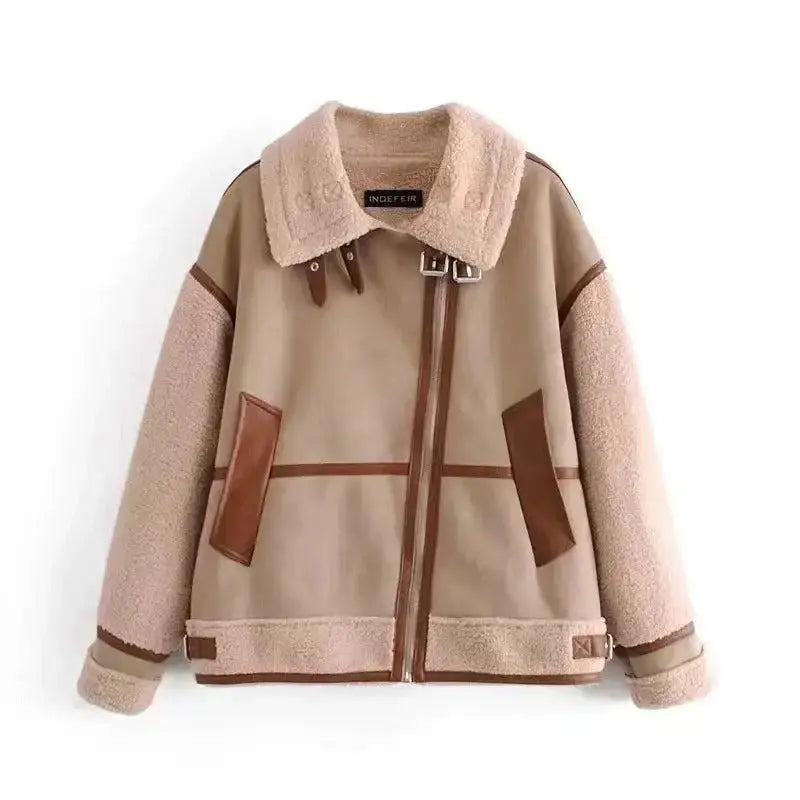 Women’s warm spliced leather fur one piece coat Chenille Brocade Lace