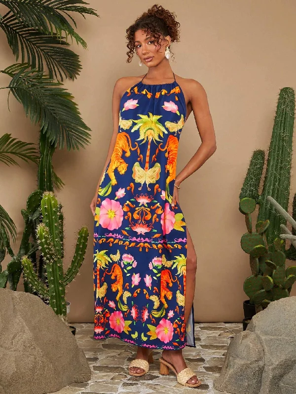 VCAY SPING SOLID HIGH SLIT HEM HALTER NECK BACKLESS SUMMER WOMEN BEACH LONG DRESS