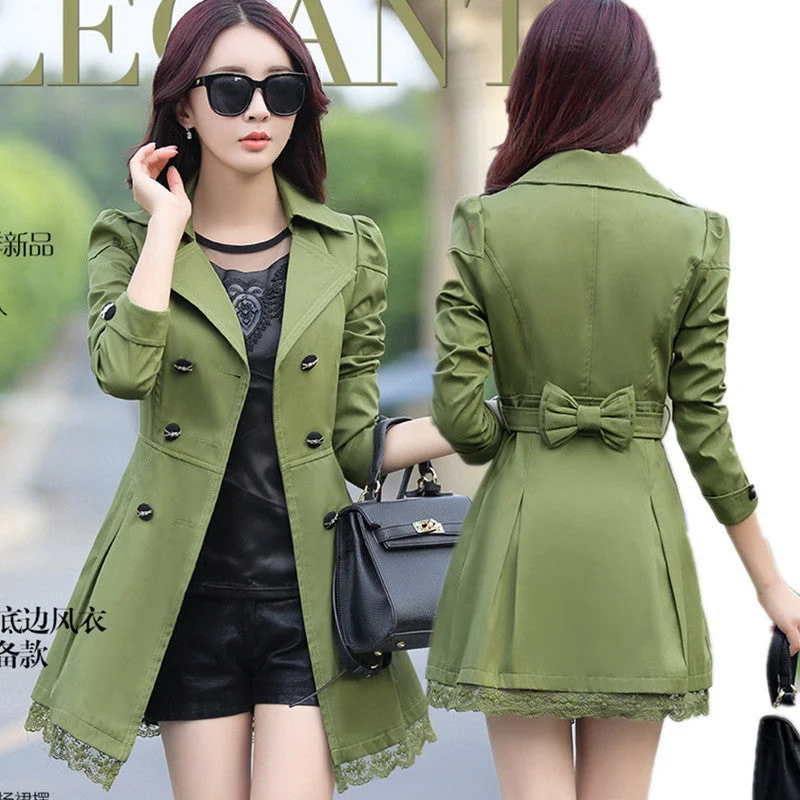 fashion female spring slim trench coat / women's lace lap style solid colour double breasted long coat / Slim windbreaker Hook-and-Loop Buckled Tied