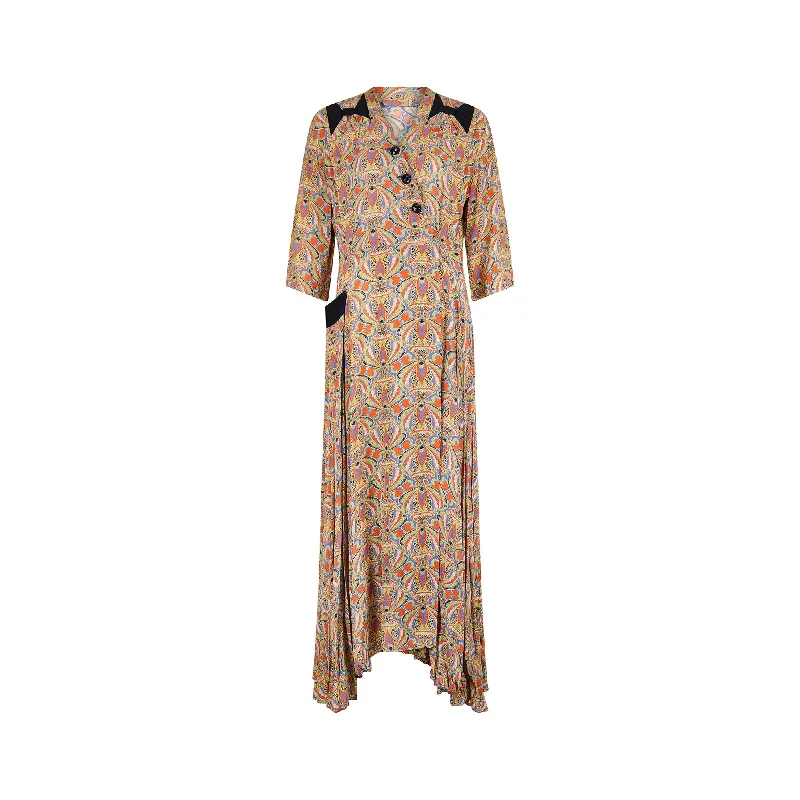 1940s Paisley Rayon Maxi Hostess Dress