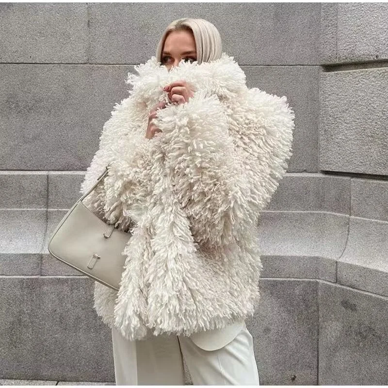 Women's Fashion Thick Lamb Wool Short Coat Tailored Straight A-Line