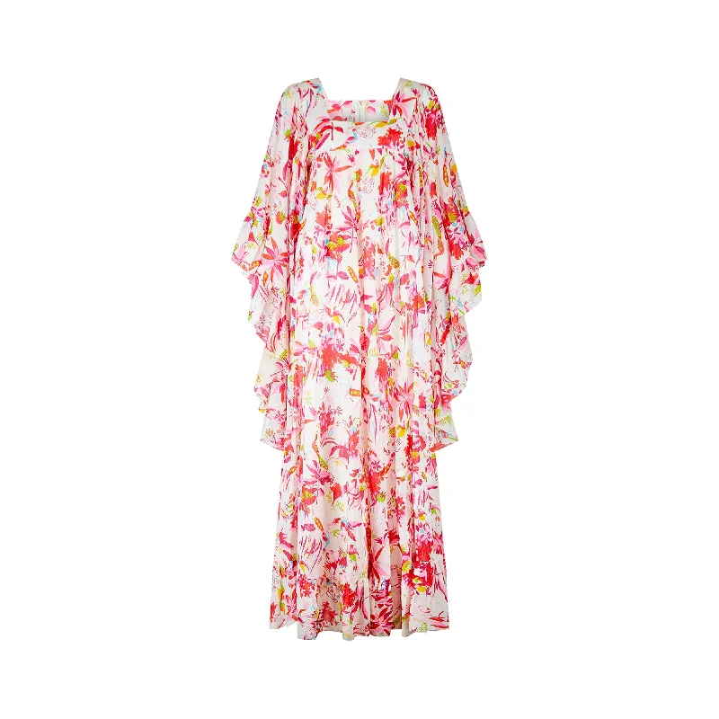 1970s David Silverman Peacock Print Angel Sleeve Dress
