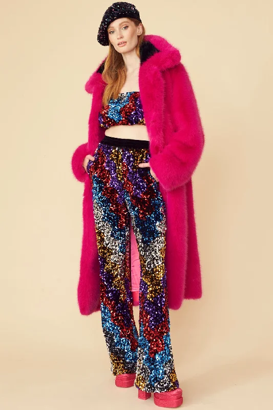Pink Knitted Bamboo Faux Fur Coat PREORDER Appliqued Beaded Sequined