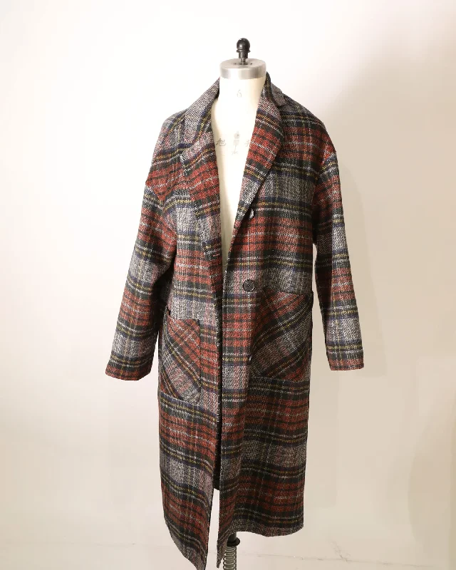 Publisher Double-Breasted Wool Blend Coat - Plaid Kimono Robe Cloak