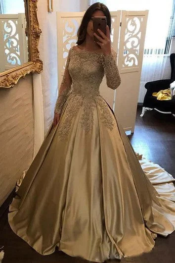 Ball Gown Satin Lace Off-the-shoulder Long Sleeve Zipper Dress