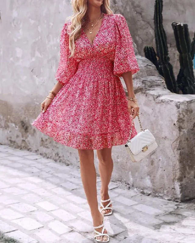 PINK DITSY FLORAL PRINT LANTERN SLEEVE RUFFLES SHIRRED DRESS