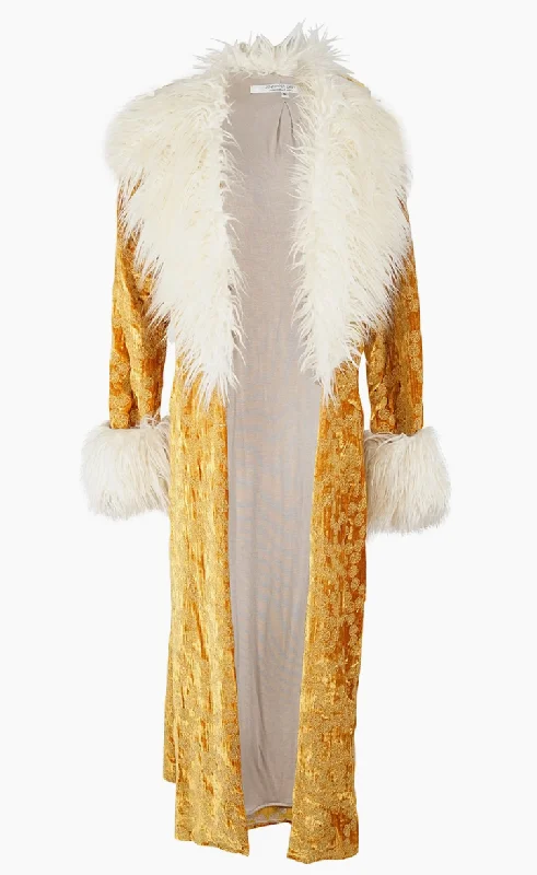 Penny Sunshine Embroidered Faux Fur Maxi Coat Vent Hem Cuff