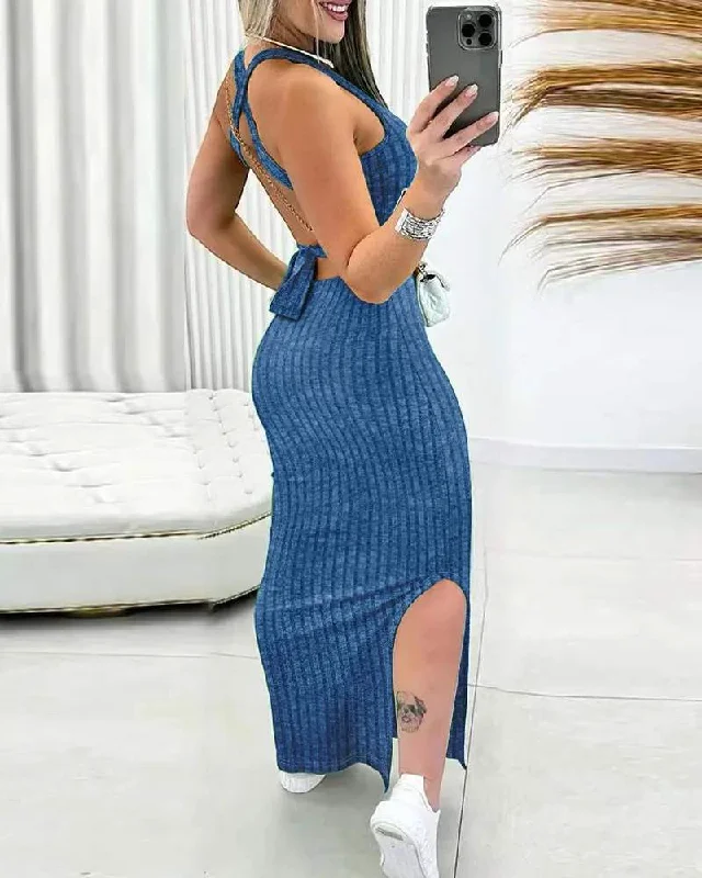 CRISS CROSS BACKLESS TIED DETAIL SLIT RIBBED DRESS