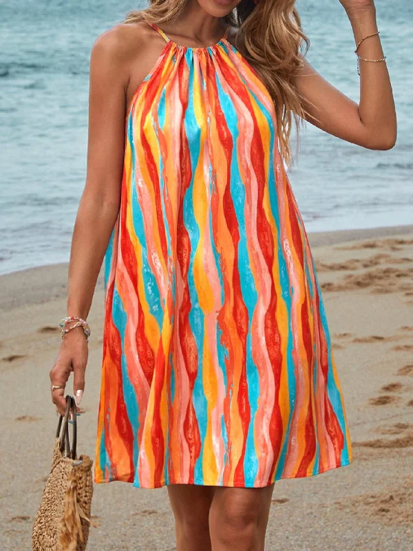 VCAY WOMEN S PEACOCK FEATHER PATTERN HALTER NECK DRESS