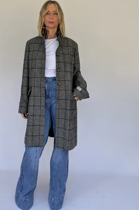 Wool Tweed Grey and Navy Check Coat Blazer Duffle Coat Pea Coat