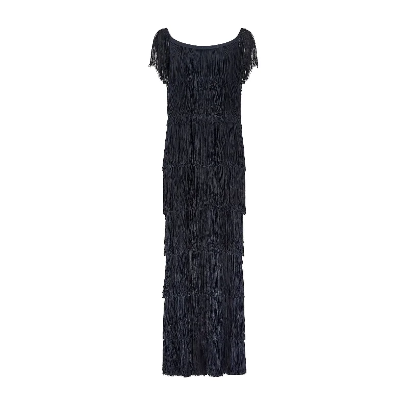 1970s Documented Loris Azzaro Black Tassel Column Dress
