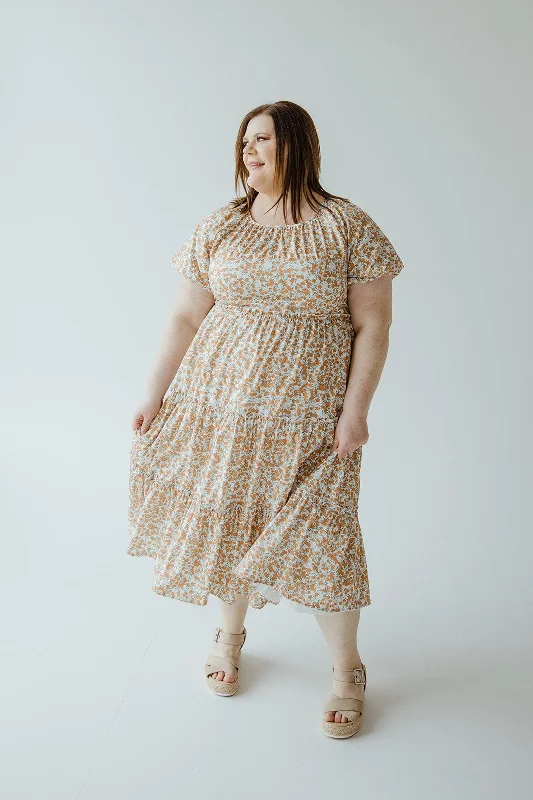 VINTAGE FLORAL PRINT MIDI LENGTH DRESS IN PAPAYA
