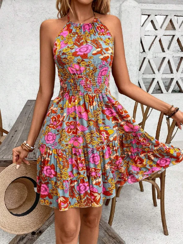 VCAY WOMEN S SUMMER BACKLESS SHIRRED WAIST TIE NECK RUFFLE HEM DRESS
