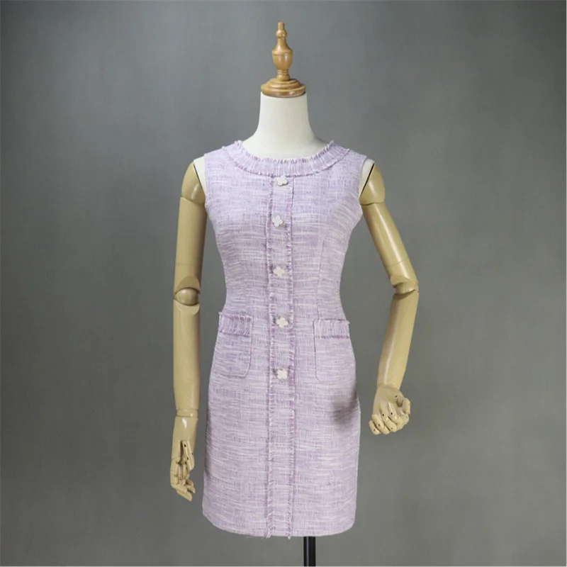 Custom Made Little Flower Buttons Tweed Dress Purple