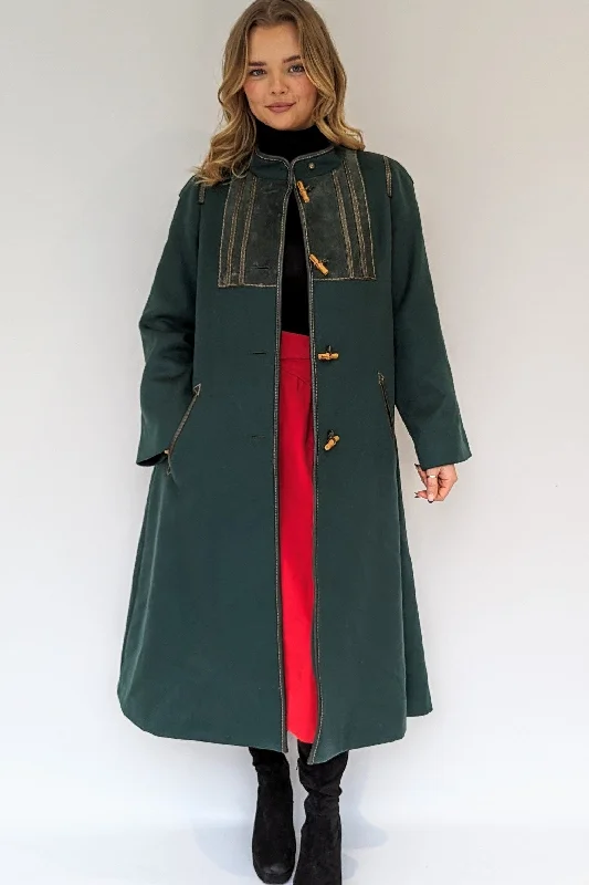 70s Bottle Green Long Baccarat Toggle Wool Coat Toggle Coat Shawl Collar Coat Notch Collar Coat