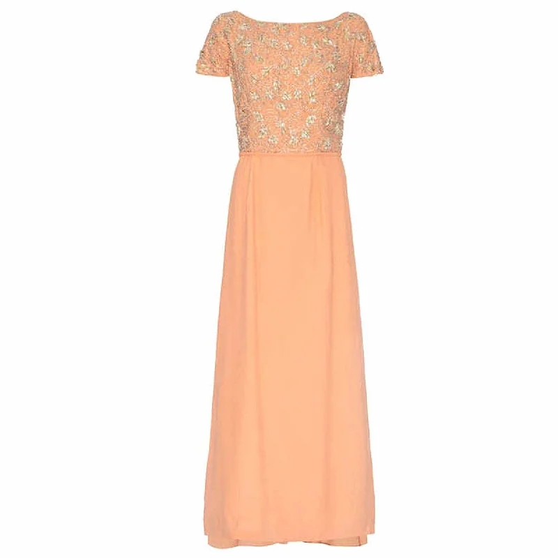 1960’s Peach Crepe Full Length Couture Dress with Beaded Bodice