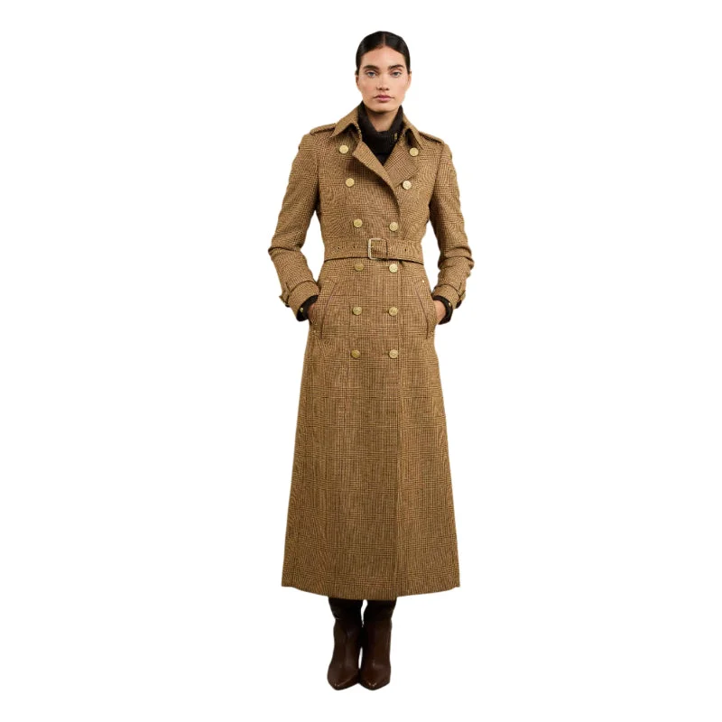 Holland Cooper Full Length Marlborough Ladies Tweed Trench Coat - Tawny Front Pockets Side Pockets Patch Pockets